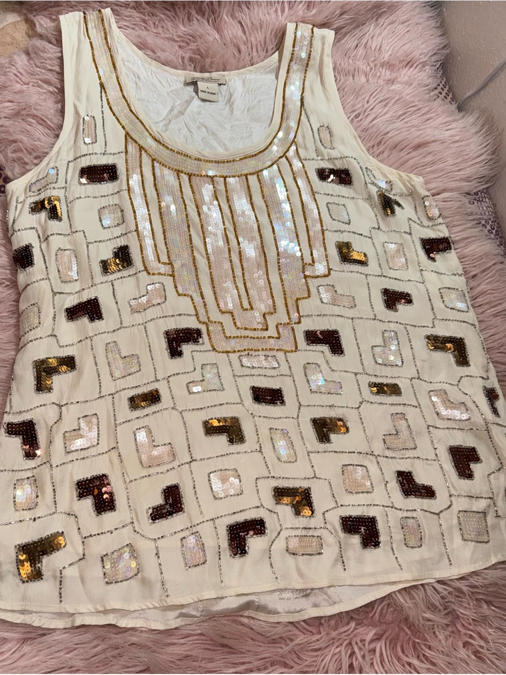 Lucky Brand Ivory Tank Top with Gold and Brown Sequin Geo Accents